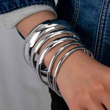 Pcs American European Minimalist Silver Color Multi Stacked Chunky Cuff Bangles Bracelets Set For Women | SHEIN