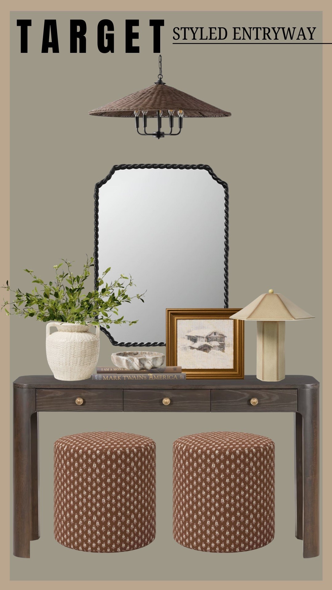 Target styled entryway | console table | ottomans | mirror | affordable vase | amber interiors | studio McGee | console table styling | target | foyer | chandelier 

#LTKHome #LTKFindsUnder100 #LTKFindsUnder50