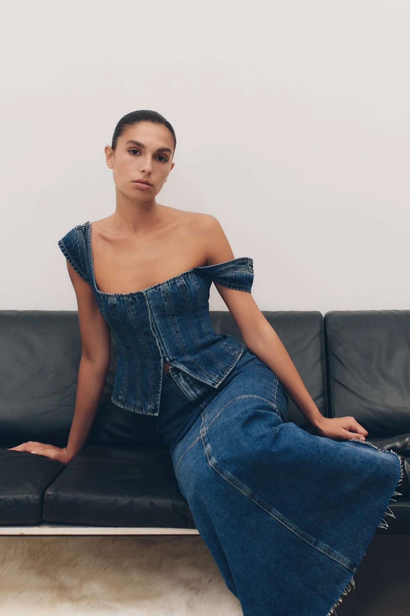 Loretta Cap Sleeve Denim Top - Washed Dark Blue | MESHKI US