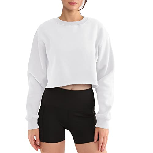 Amazhiyu Women' s Pullover Cropped Sweatshirt Crew Neck Long Sleeve Fleece Crop Tops White, X-Large | Amazon (US)