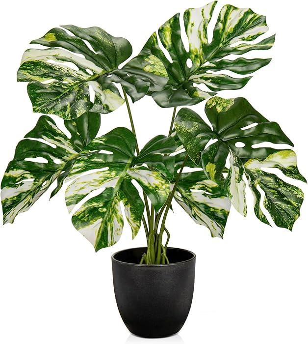 Briful Fake Plants Variegated Monstera Leaves Faux Plant Indoor in Black Pot Artificial Potted Pl... | Amazon (US)