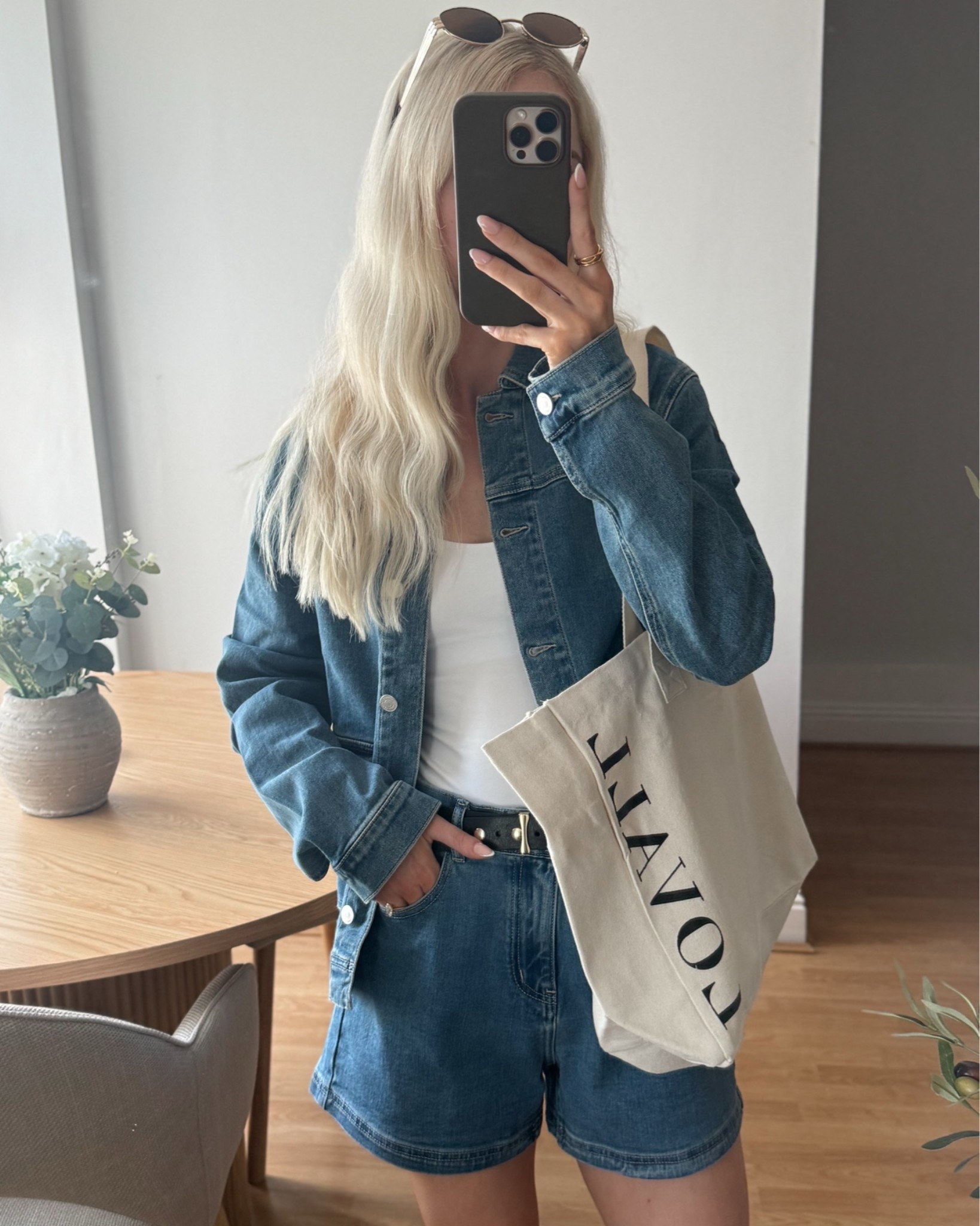 Double denim 🤝 

Full outfit is @LOVALL 🩵 denim jacket, denim shorts, white vest, casual style, summer fashion

#LTKsummer