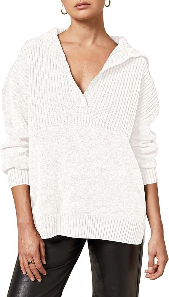 Viottiset Women's Oversized V Neck Lapel Collared Sweater Tunic Pullover Knit Long Sleeve Sweaters | Amazon (US)