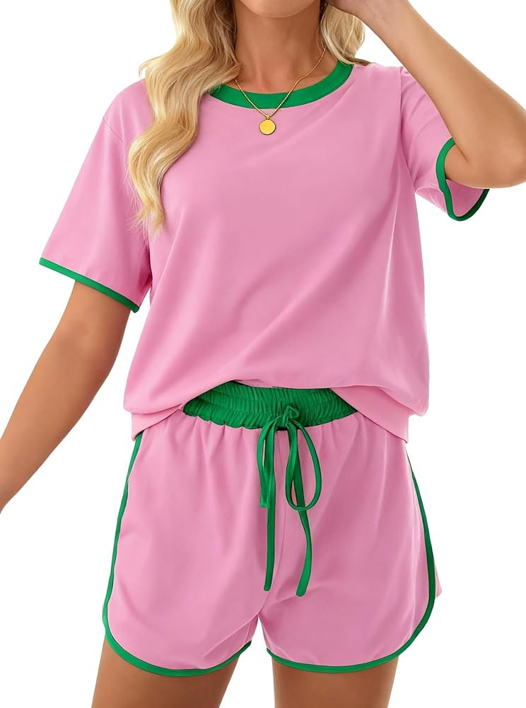 Hilinker Womens Cute Pajama Sets Color Block Short Sleeve Tops and Shorts 2 Piece Lounge Set | Amazon (US)