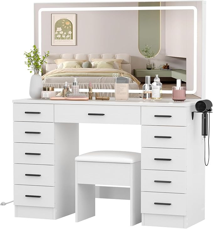 Panana Vanity Desk with 11 Drawers, Glass Top Makeup Table with Mirror and LED Lights Vanity with... | Amazon (US)