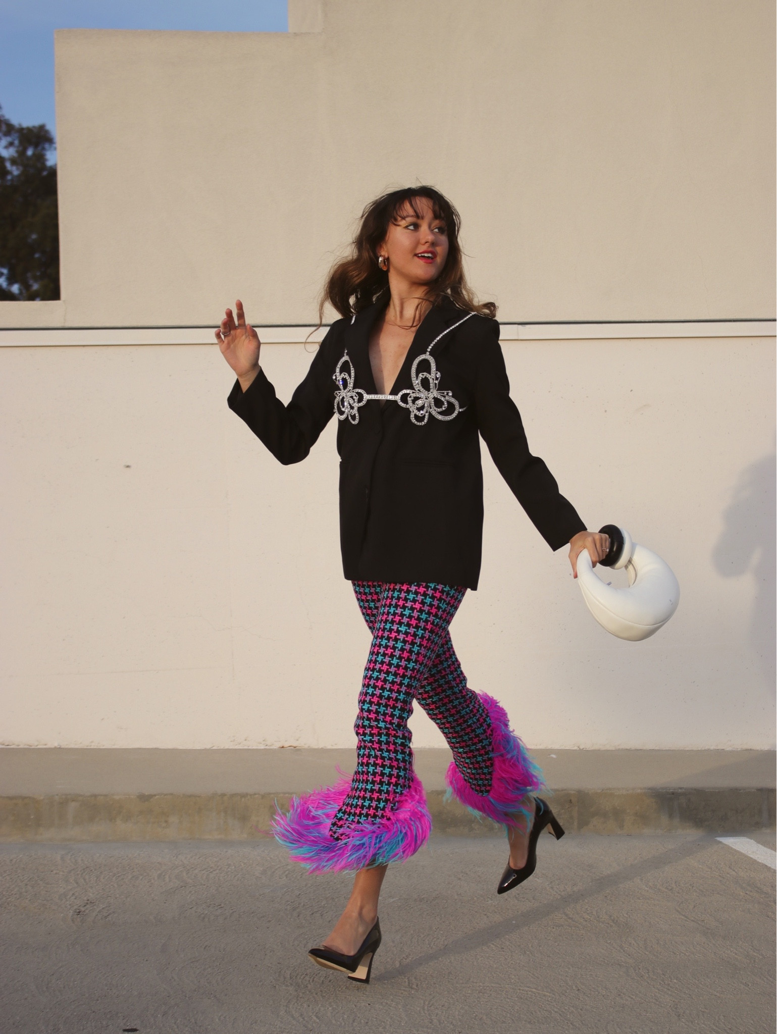 Street style chic, street style fashion, tweed pants, feather pants, blazer style, JW PEI bag, comfortable heels, black heels

#LTKstyletip #LTKshoecrush #LTKFind