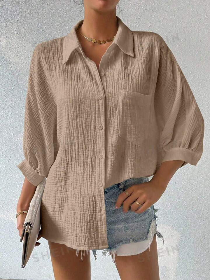 SHEIN LUNE Solid Color Textured Batwing Sleeve Shirt | SHEIN