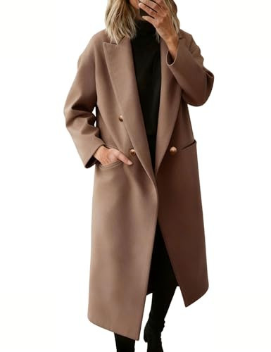 Hooever Women's Winter Double Breasted Wool Coat Drop Shoulder Long Sleeve Notch Lapel Long Trench Coat(Camel-M) | Amazon (US)