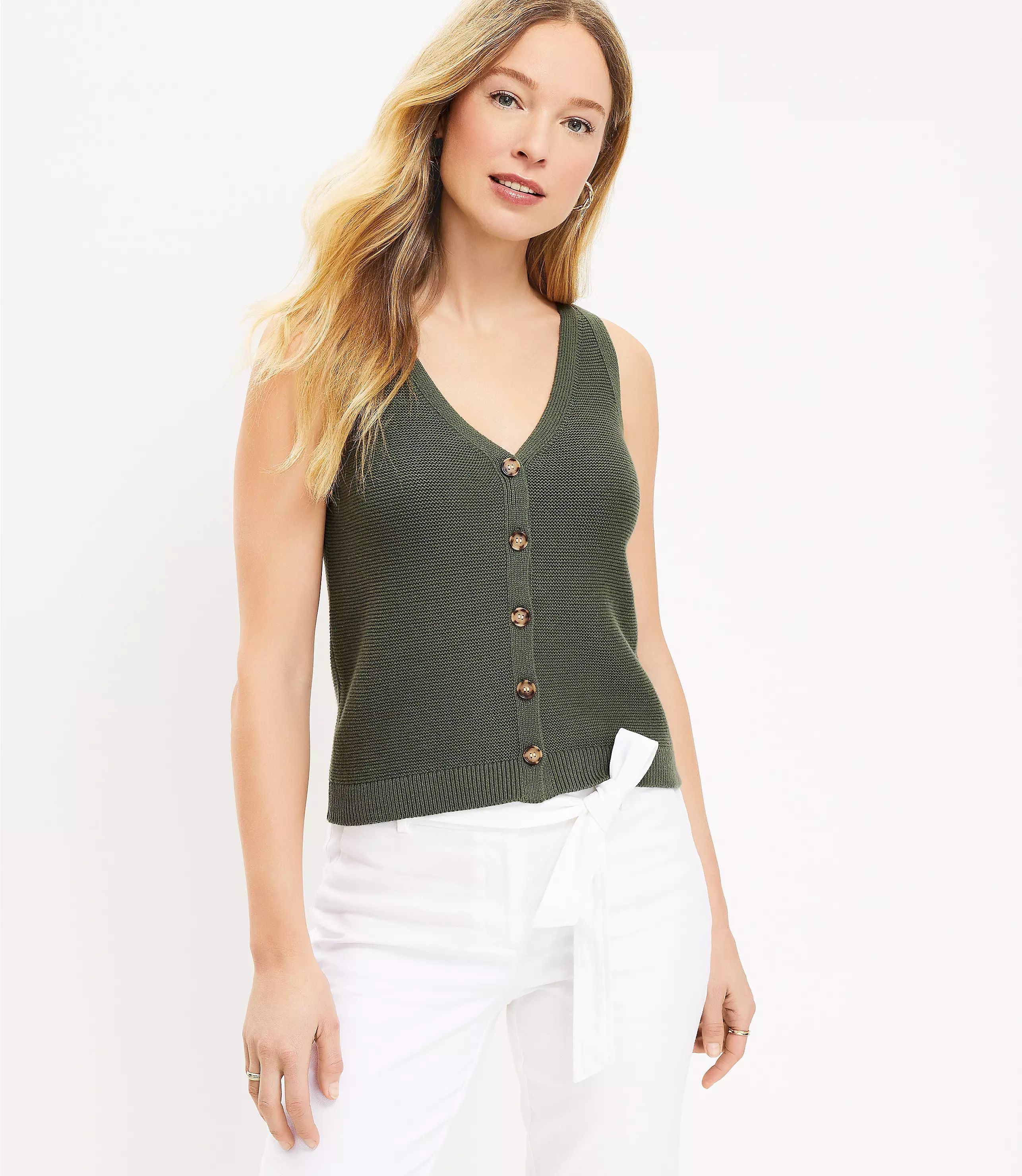 Button V-Neck Sweater Tank Top | LOFT