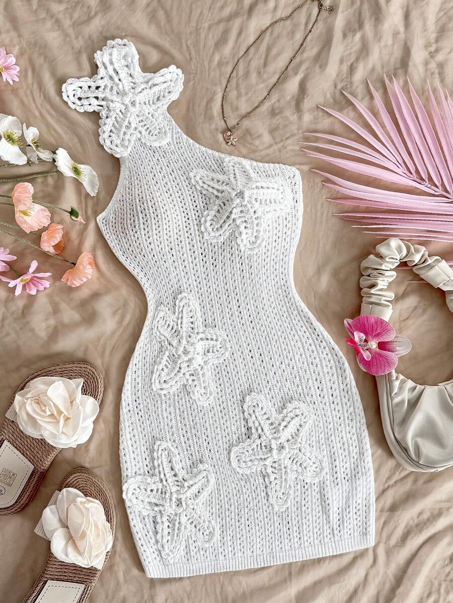 Soleia Vacation Casual Solid Color Oblique Shoulder 3D Floral Decor Knitted Dress,Spring Break, S... | SHEIN