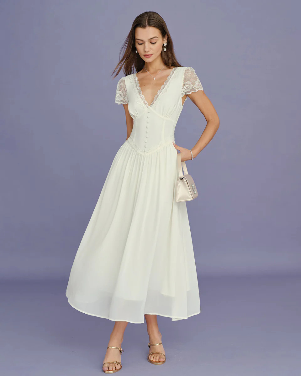 Apricot V Neck Lace Splicing Maxi Dress | rihoas.com