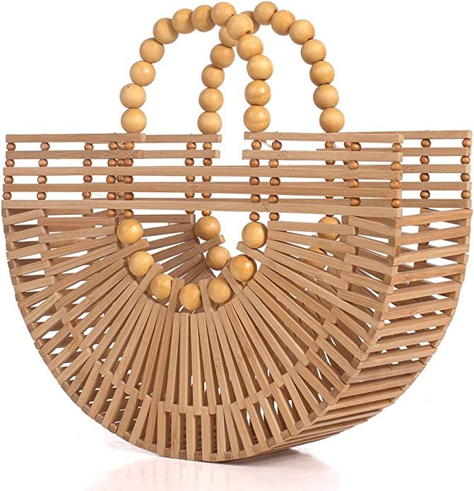 Amazon.com: Womens Bamboo Handbags with Wooden Beads Tote Bag, Handmade Straw Bag for Summer Beac... | Amazon (US)