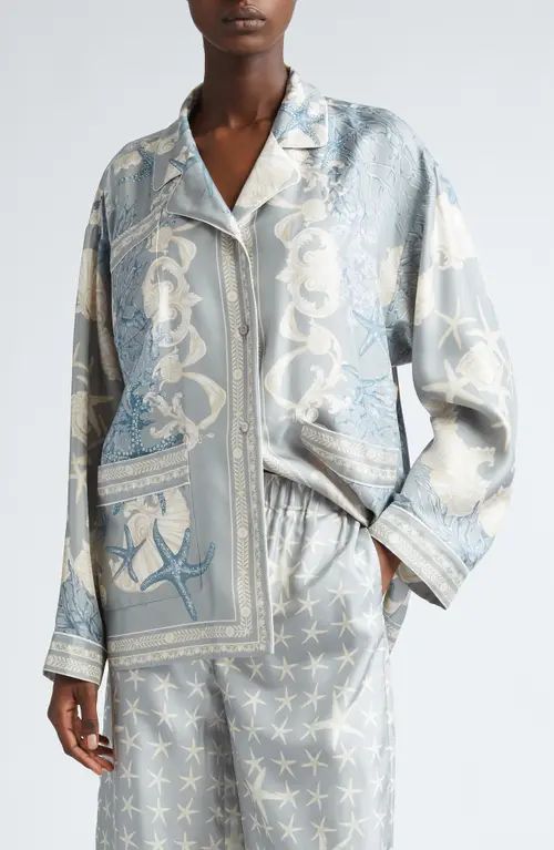 Versace Holiday Print Silk Button-Up Shirt in Concrete Dusty Blue Bone at Nordstrom, Size 8 Us | Nordstrom