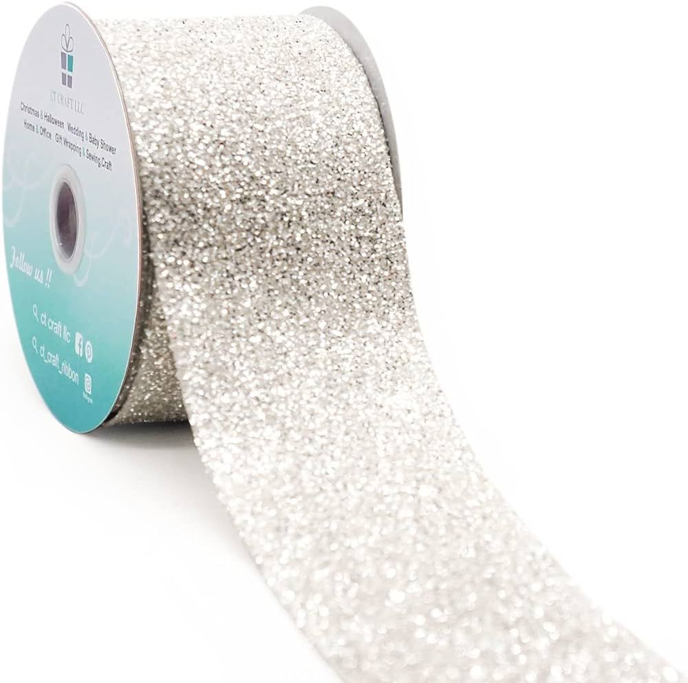 CT CRAFT LLC Sparking Silver Glitter Wired Ribbon for Home Decor, Gift Wrapping, DIY Crafts, 2.5... | Amazon (US)