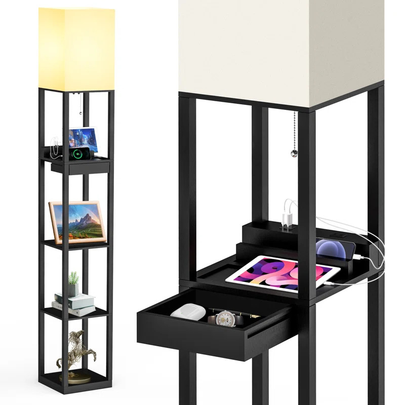 67" Column Floor Lamp with Shelves, Solid Wood, USB & Type-C Ports, Storage Drawer and Bulb Inclu... | Wayfair North America
