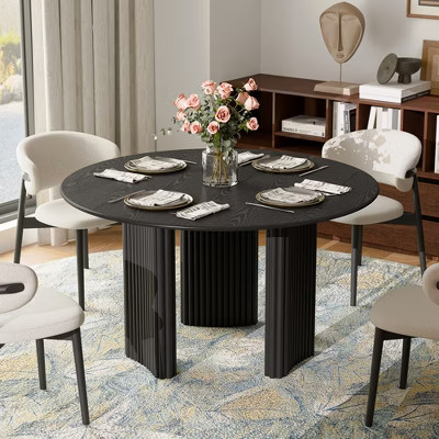 Wooakway 46" Round Black Oak Wood Dining Table with 3 Legs Contemporary Kitchen Table with Solid Wood Base for 4 Seats | Target