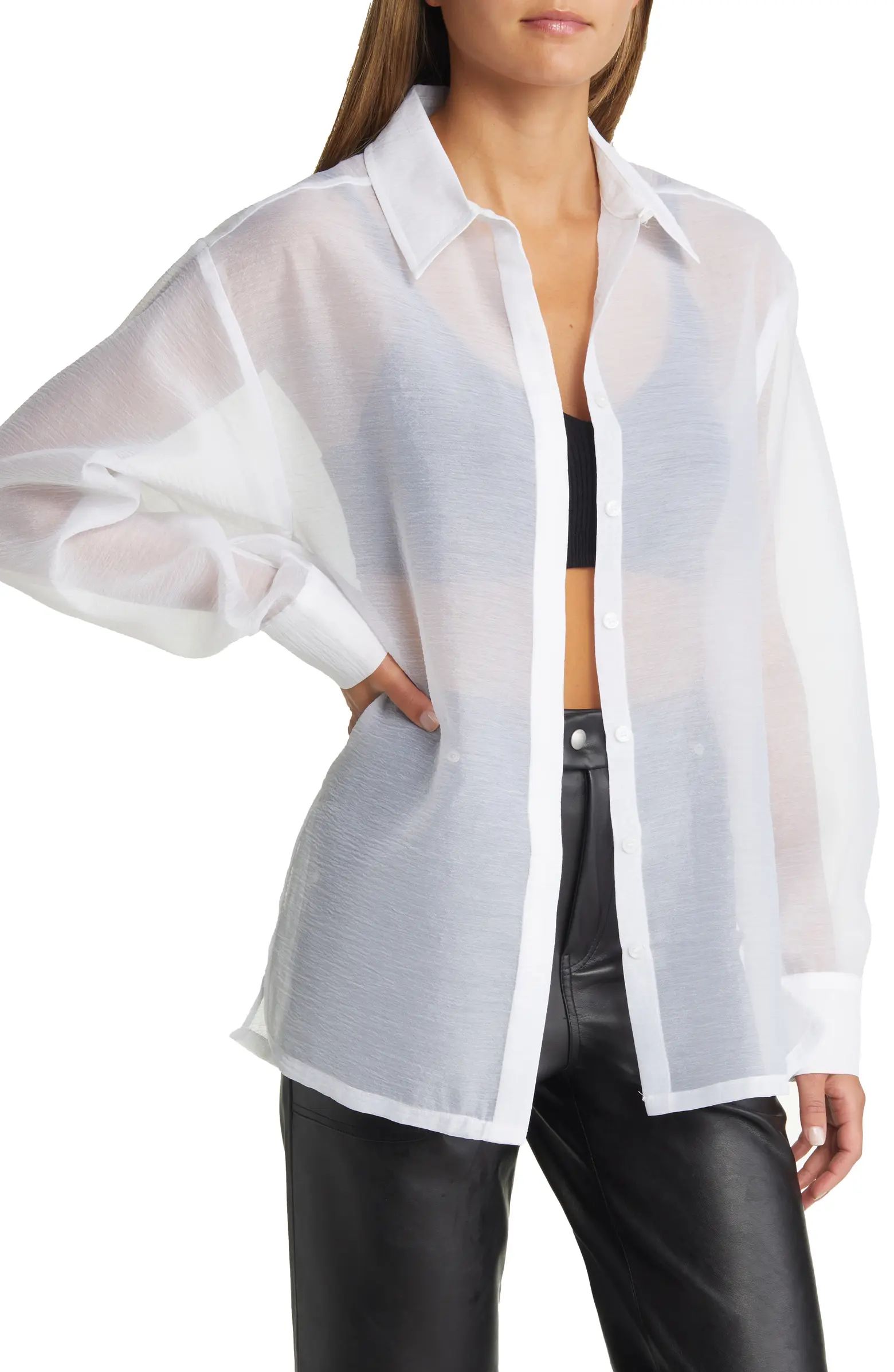 Open Edit Women's Sheer Button-Up Shirt | Nordstrom | Nordstrom