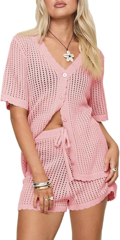 Saodimallsu Womens Crochet Swimsuit Coverup Sets Short Sleeve V Neck Button Tops Drawstring Short... | Amazon (US)