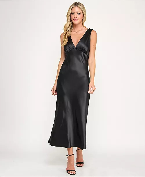 Emerald SundaeJuniors' V-Neck A-Line Satin Midi Dress | Macy's