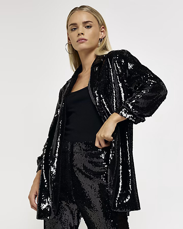 Petite black sequin oversized blazer | River Island (UK & IE)