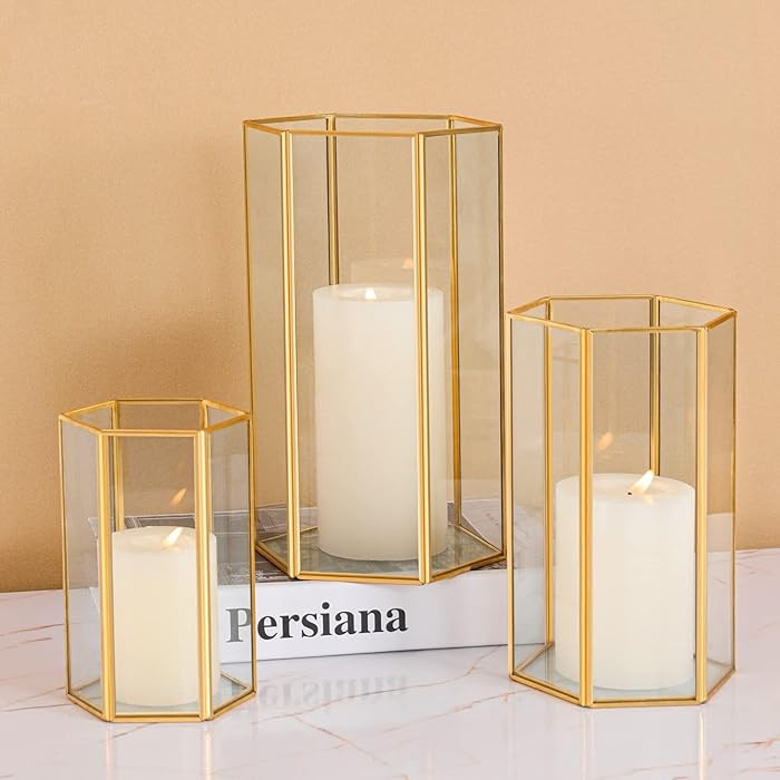Glass Hurricane Candle Holder, Set of 3 Large Clear Hexagon Lanterns Pillar Candle Lantern with G... | Amazon (US)