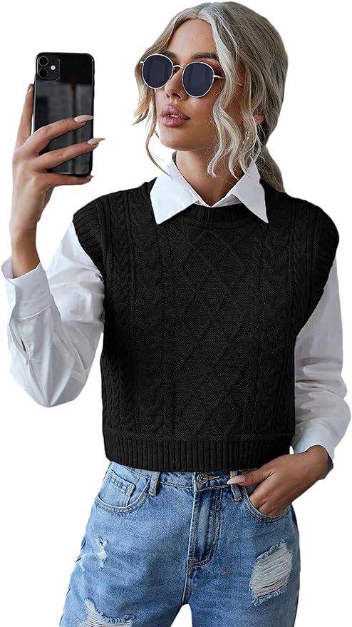 Milumia Women's Casual Cable Knit Sweater Vest Sleeveless Round Neck Crop Tank Top | Amazon (US)