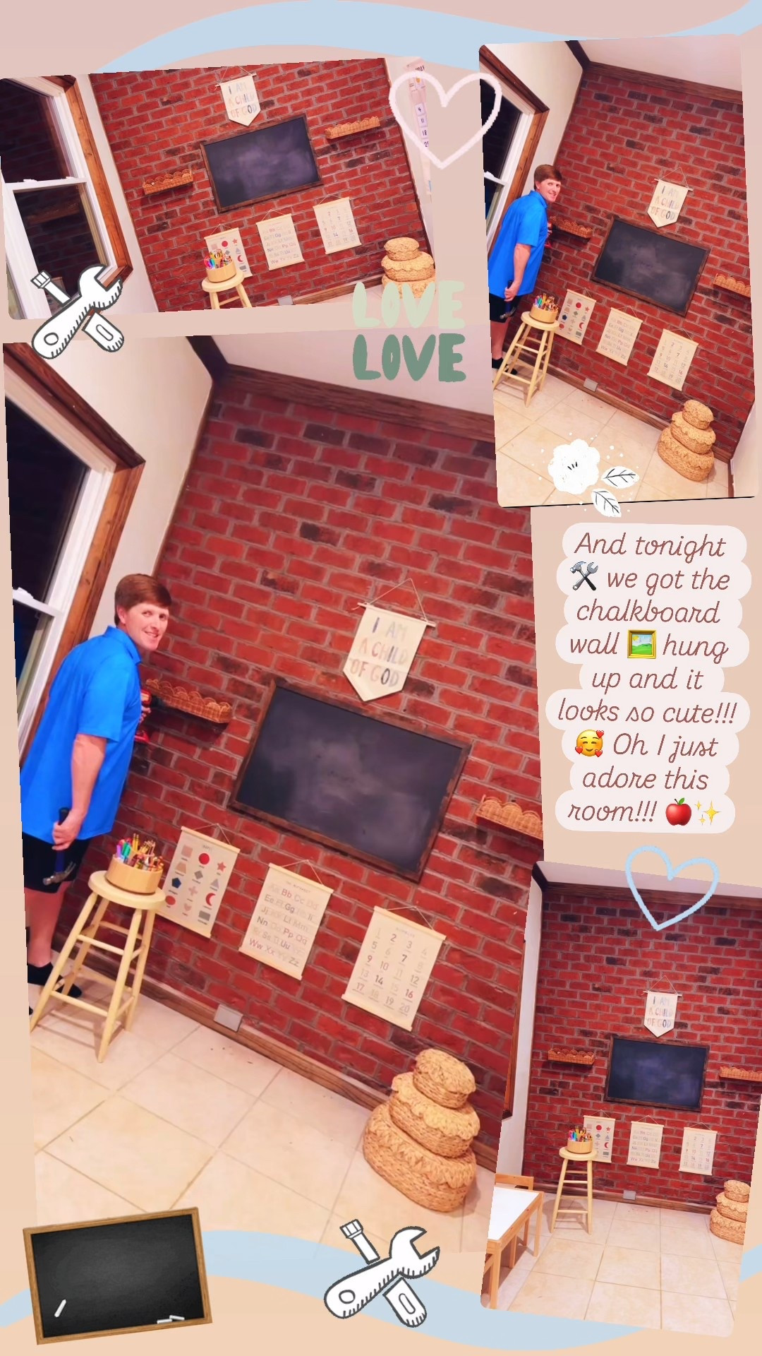 And tonight 🛠️ we got the chalkboard wall 🖼️ hung up and it looks so cute!!!  🥰 Oh I just adore this room!!! 🍎✨