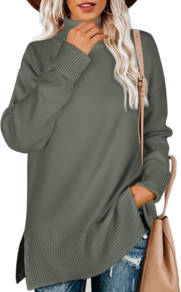 Glanzition Sweaters for Women Turtleneck Side Split Oversized Pullover Tops | Amazon (US)