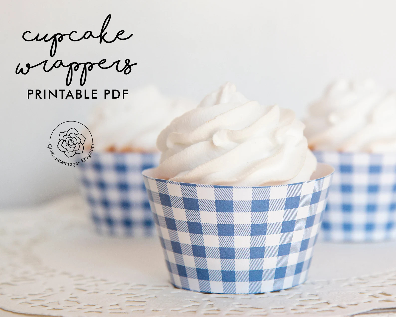 Gingham Cupcake Wrappers - printable cupcake wrap, blue and white check, dorothy blue dress, wiza... | Etsy (US)