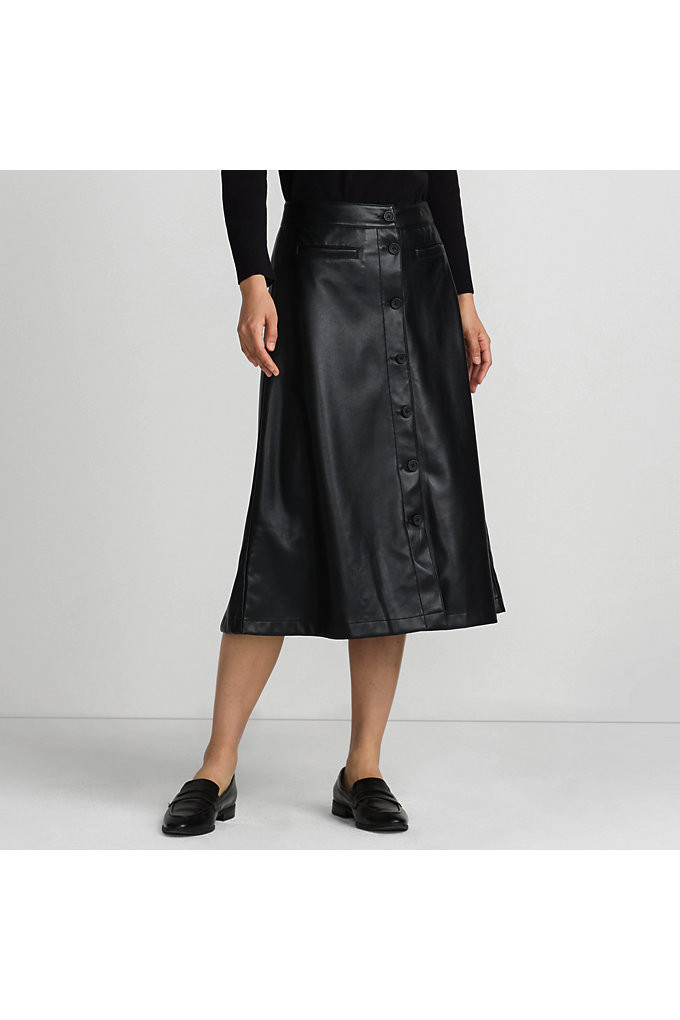 Women's Faux Leather Button Front Midi Skirt - Lands' End - Black - 16 | Lands' End (US)