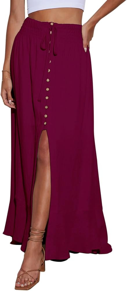 Minclouse Women's Elastic Tie Waist Button Down Maxi Skirts Casual Loose Flowy Swing Slit Front D... | Amazon (US)