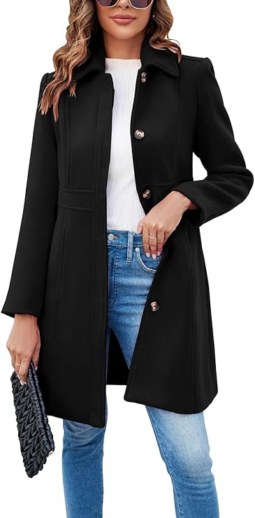 Fisoew Womens Elegant Single Breasted Coat Long Sleeve Mid Winter Overcoat Work Office Pea Coats | Amazon (US)