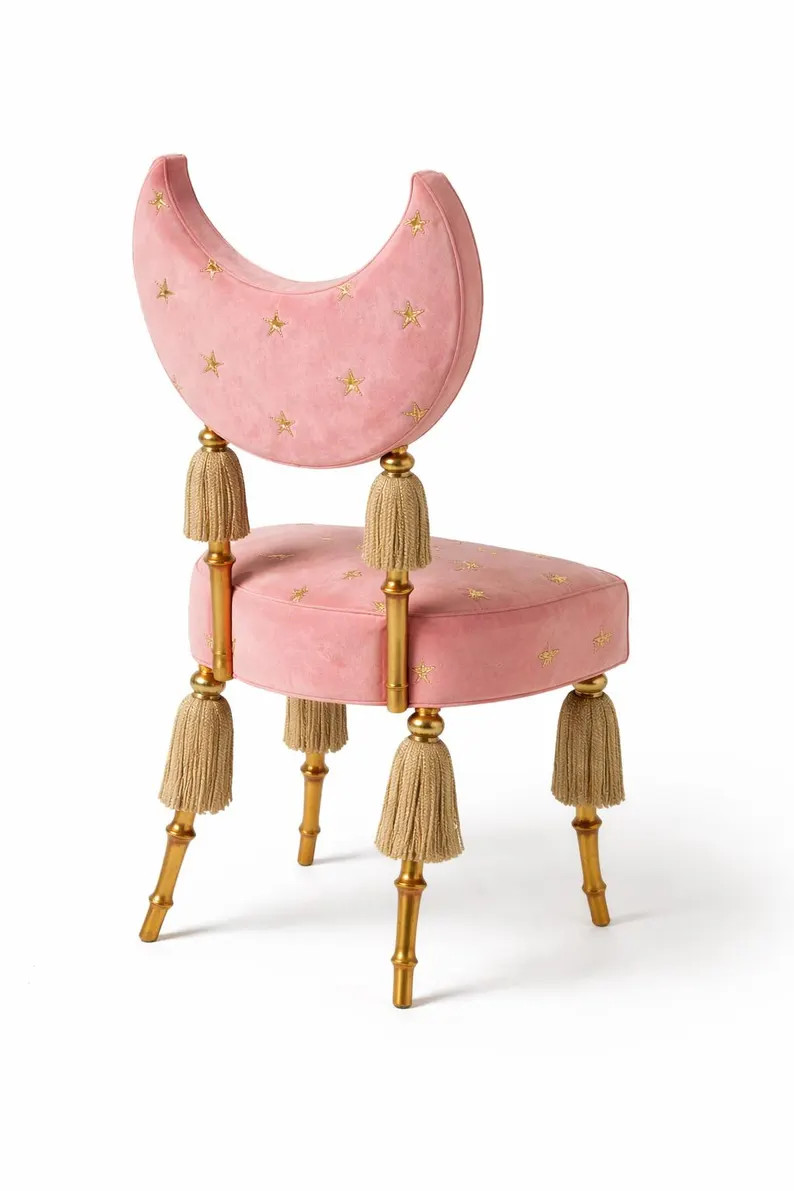 Vintage 1980s Crescent Back Accent Chair in Blush Velvet with Tassel Legs | Etsy (US)