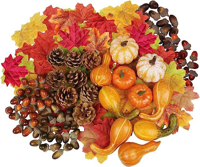 YHmall 266 Pcs Fall Decor for Home, Artificial Autumn Foam Pumpkins, Fake Maple Leaves, Gourds, P... | Amazon (US)
