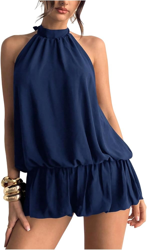 Amazon.com: Floerns Women's Y2k Summer Halter Dress Tie Open Back Sleeveless Ruffle Hem Bubble Go... | Amazon (US)