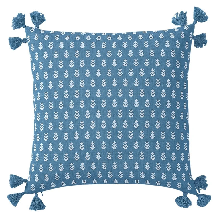 Better Homes & Gardens, Blue Block Print Floral Throw Pillow, Square, 20" x 20", 1 Piece | Walmart (US)