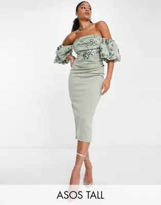 ASOS DESIGN Tall bardot puff sleeve midi dress with floral embellishment in dusty green | ASOS (Global)