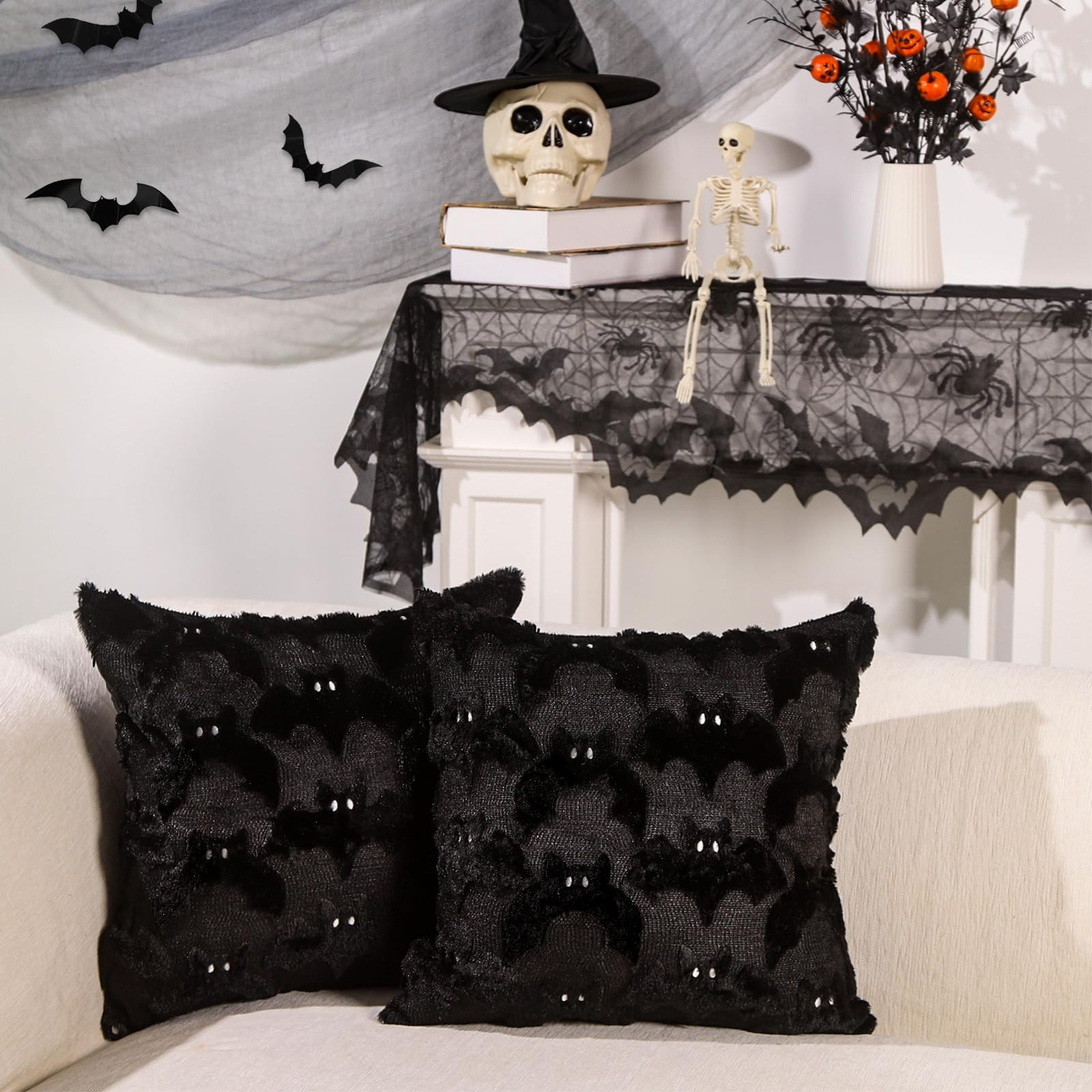 Halloween Bats Pillow Covers Set of 2,Black Bat Soft Plush Faux Fur Jacquard Couch Cushion Case H... | Amazon (US)