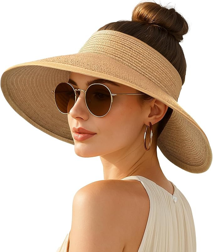 Women's Sun Visor Hats Wide Brim Straw Beach Hat Ponytail Hats for Women Foldable Floppy | Amazon (US)