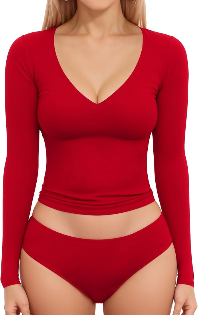 MANGOPOP Women's Double Lined Short Long Sleeve Tops V Neck T Shirts Fitted Basic Tee | Amazon (US)