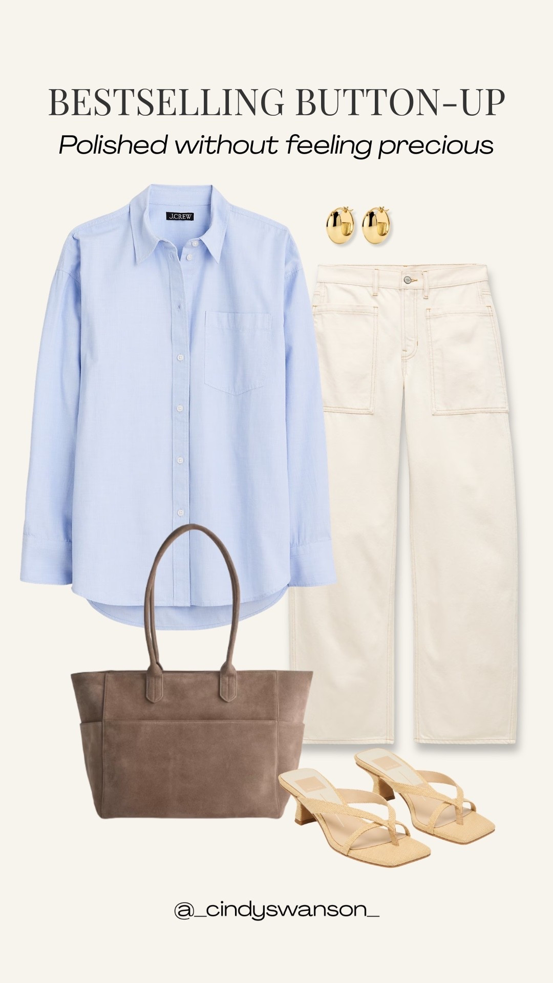 This bestselling button-up is such a timeless wardrobe staple. The soft blue looks especially fresh with cream jeans, while the suede tote and neutral sandals keep the whole outfit polished and easy for everyday wear.

#LTKootd #LTKOver40 #LTKTravel