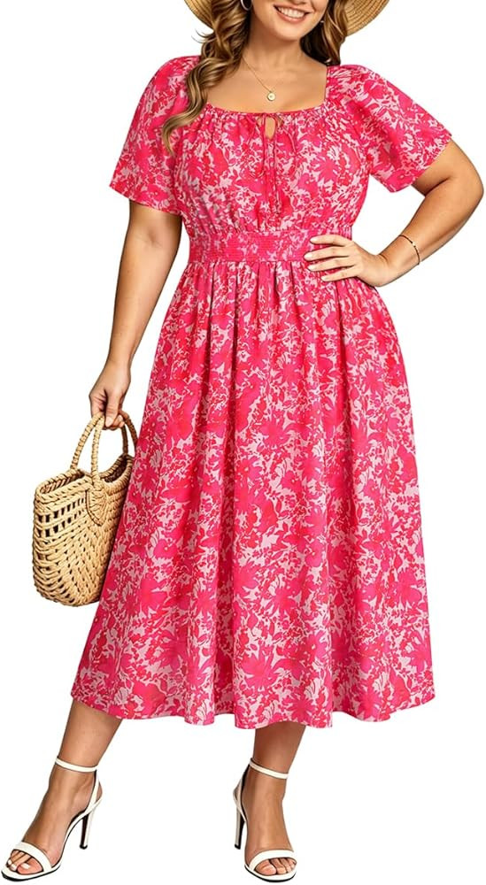 CARCOS Womens Plus Size Dress Summer Short Sleeves Square Neck Tie Front Elastic Waist Midi Dress... | Amazon (US)