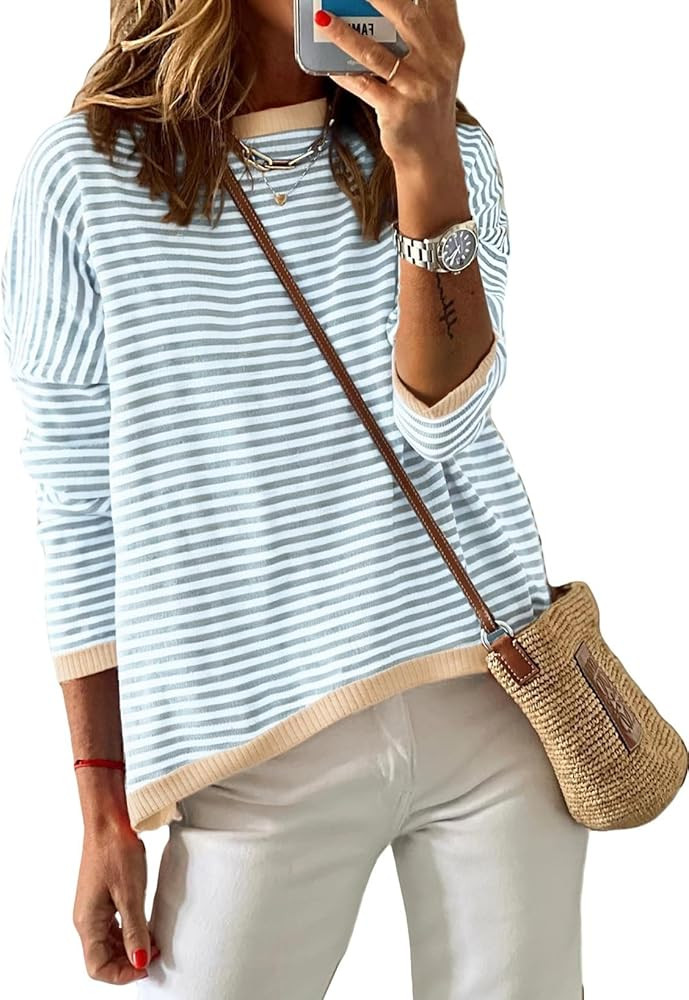 Dokotoo Long Sleeve Shirts for Women Casual Spring Crewneck Striped Color Block Shirt High Low Pu... | Amazon (US)