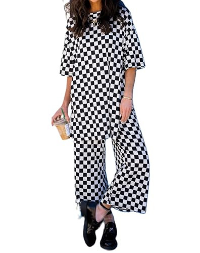 TUWIXIUW Women 2 Piece Checkered Outfits Oversized Short Sleeve Top Wide Leg Pants Matching Lounge Sets Gingham Tracksuit(Checkered black,Small) | Amazon (US)