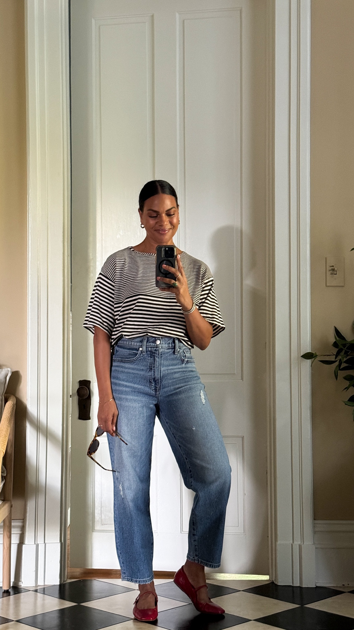 OOTD - Evereve barrel jeans & red ballet flats, and striped t-shirt! Love a little pop of red. 

#LTKOver40 #LTKStyleTip