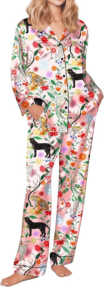 Ekouaer Women's Classic Button Down Long Satin Silk Pajama Set | Amazon (US)