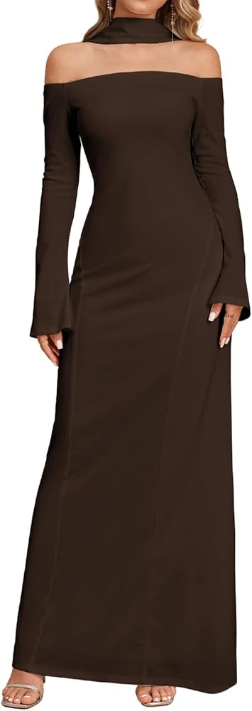 Elegant Off Shoulder Maxi Dress Long Sleeve with Attached Scarf Formal Evening Gown Flare Hem Par... | Amazon (US)