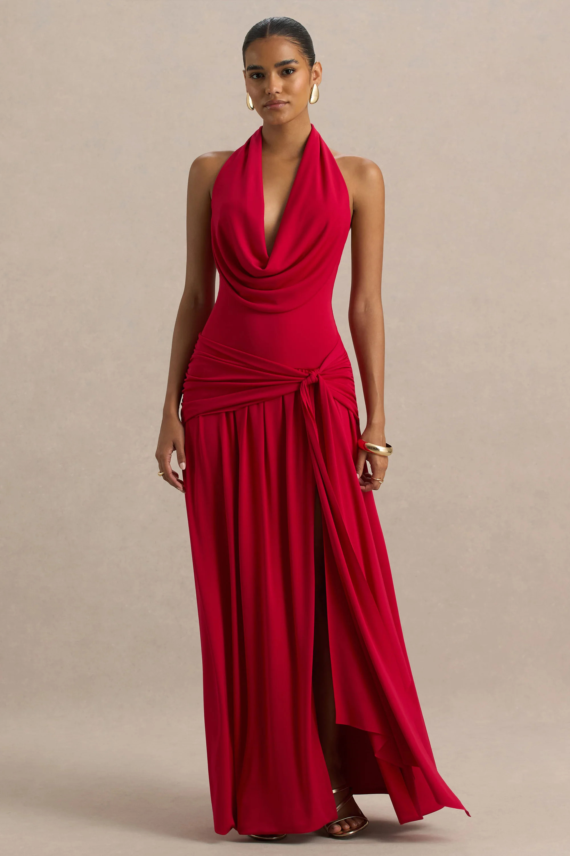 Mist  Red Plunge-Neck Maxi Dress With Knot-Detail And Open-Back | Club L London
