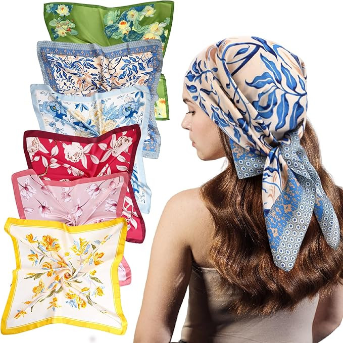 Square Satin Head Scarf for Women Vintage Print Head Wrap Silk Bandana Scarves | Amazon (US)