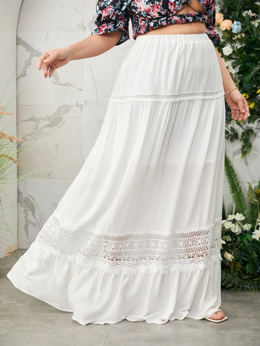 SHEIN VCAY Plus Lace Panel Ruffle Hem Maxi Skirt SKU: sf2112074405994884(100+ Reviews)$24.99$23.7... | SHEIN